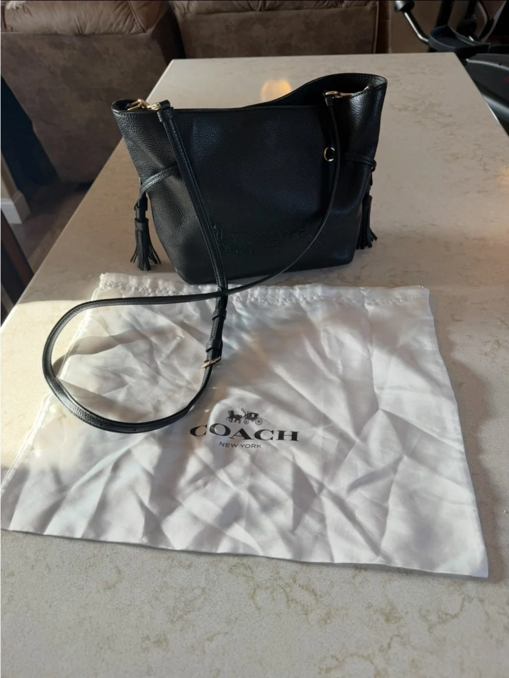 Coach Black Pebbled Leather Shoulder Tote with Tassels and Gold Hardware